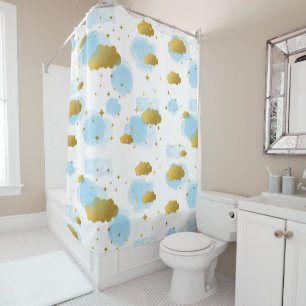 Blue Watercolor Clouds Gold Stars Sky Shower Curtain