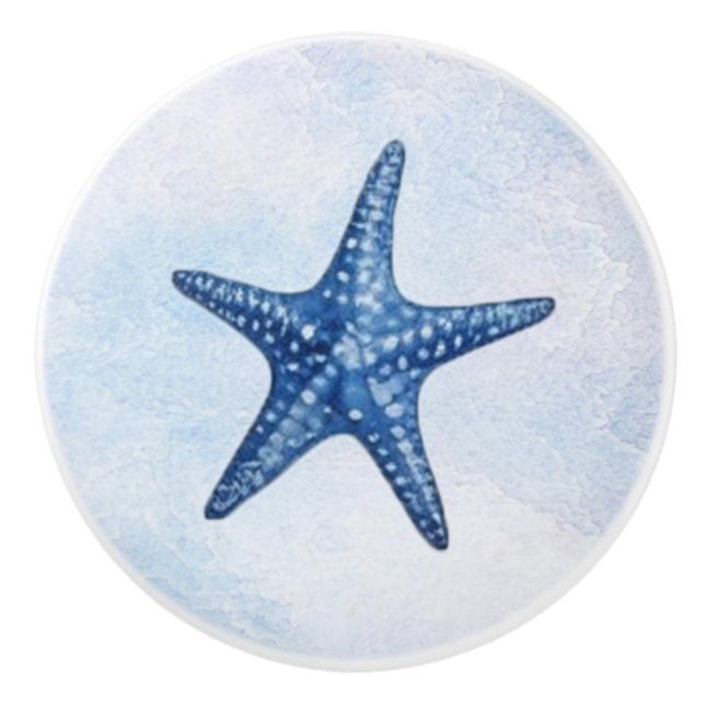 Blue Watercolor Coastal Beach Starfish Seashells   Ceramic Knob (Front)