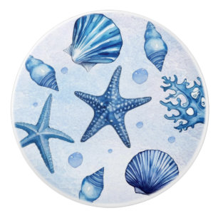 Blue Watercolor Coastal Beach Starfish Seashells   Ceramic Knob