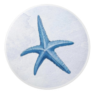 Blue Watercolor Coastal Beach Starfish Seashells Ceramic Knob