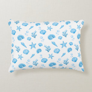 Blue Watercolor Coastal Seashell Starfish Decorative Cushion