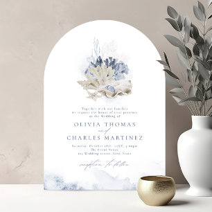 Blue watercolor coral & seashells beach wedding invitation