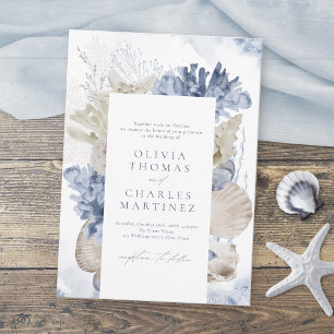 Blue watercolor coral & seashells beach wedding invitation