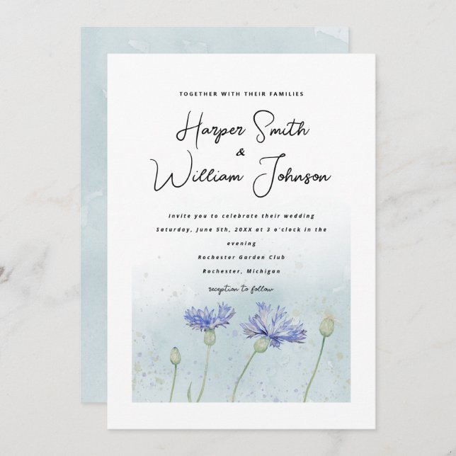 blue watercolor cornflowers wedding invitation (Front/Back)