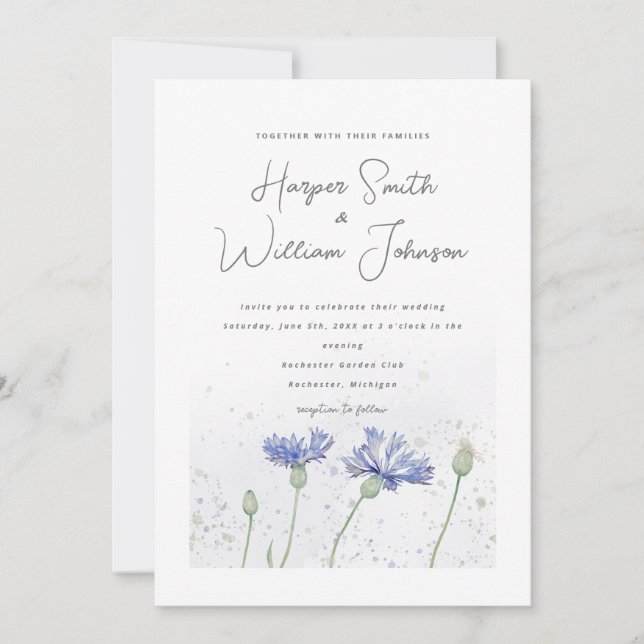 blue watercolor cornflowers wedding invitation (Front)