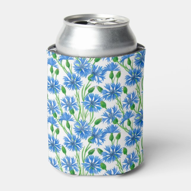 Blue watercolor cornflowers, wild flowers on white can cooler (Can Front)