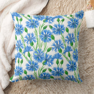 Blue watercolor cornflowers, wild flowers on white cushion