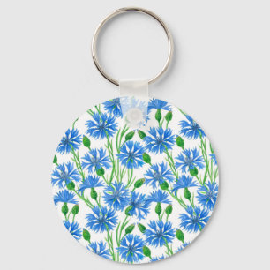 Blue watercolor cornflowers, wild flowers on white key ring