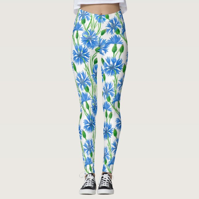 Blue watercolor cornflowers, wild flowers on white leggings (Front)