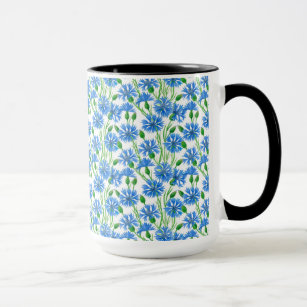 Blue watercolor cornflowers, wild flowers on white mug