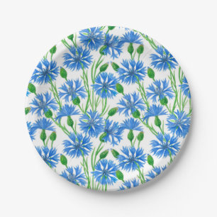 Blue watercolor cornflowers, wild flowers on white paper plate