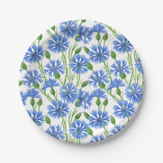 Blue watercolor cornflowers, wild flowers on white paper plate (Front)