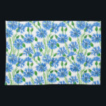Blue watercolor cornflowers, wild flowers on white tea towel<br><div class="desc">Cornflowers painted with watercolors on paper then pattern done in Photoshop.</div>