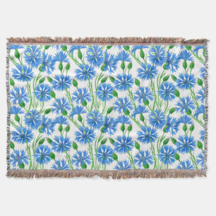 Blue watercolor cornflowers, wild flowers on white throw blanket