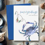 Blue Watercolor Crab Beach Christmas Card<br><div class="desc">This simple holiday card features a replica of my original hand painted watercolor blue crab on a crisp white background. The words Seas and Greetings are set in a modern brush script typography. Personalize however you like. The coastal style Christmas card reverses to a solid blue color. A cute choice...</div>