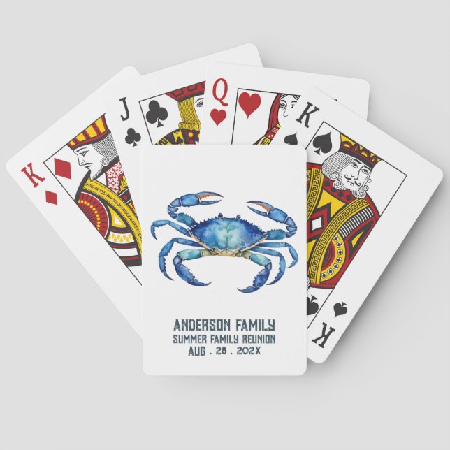  Blue Watercolor Crab Summer Beach Family Reunion Playing Cards (Back)