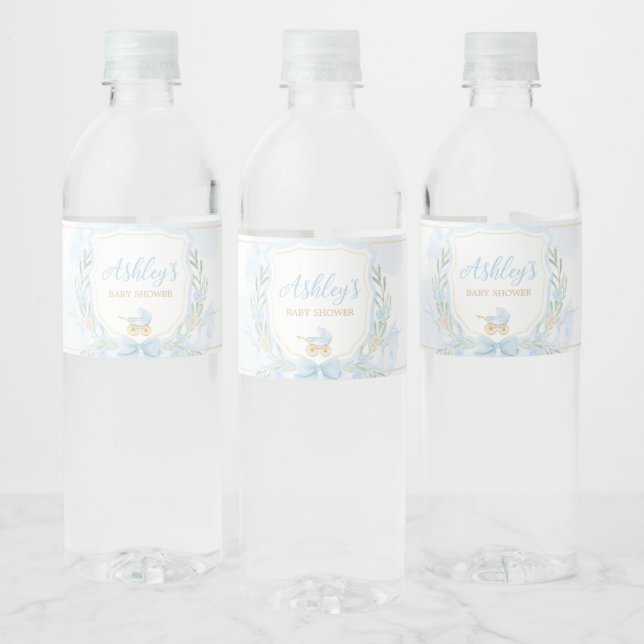 Blue Watercolor Crest Baby Shower  Water Bottle Label (Bottles)