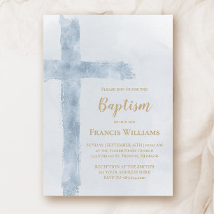 blue watercolor cross Baptism  Invitation