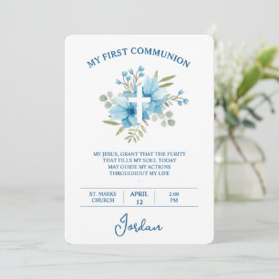 Blue Watercolor Cross First Holy Communion Invitation