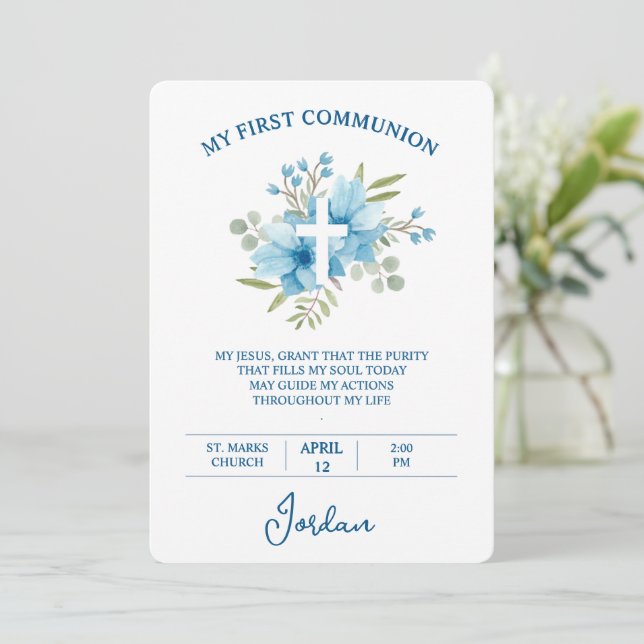 Blue Watercolor Cross First Holy Communion Invitation (Standing Front)