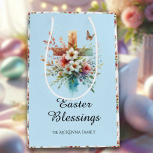 Blue Watercolor Cross Flowers Christian Easter  Medium Gift Bag