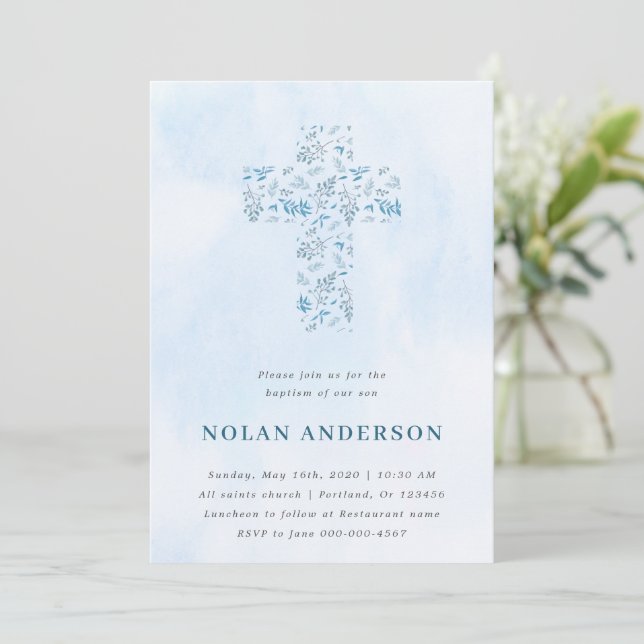Blue Watercolor Cross in Calligraphy Baptism Boy Invitation (Standing Front)