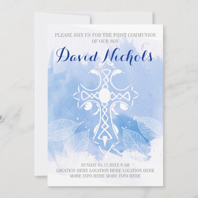 Blue watercolor cross leaves First Holy Communion Invitation (Front)