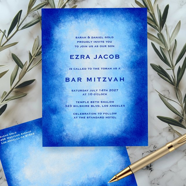 Blue Watercolor Custom  Bar Bat Mitzvah Postcard (Blue Watercolor Custom Bar Bat Mitzvah Invitation Postcard
)