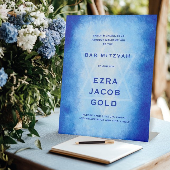 Blue Watercolor Custom WELCOME  Bar Bat Mitzvah Pedestal Sign (Blue Watercolor Custom WELCOME Bar Bat Mitzvah Pedestal Sign
)