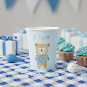 Blue Watercolor cute bear it's a boy Paper Cups