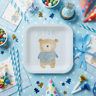 Blue Watercolor cute bear it's a boy Paper Plate