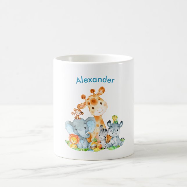 Blue Watercolor Cute Safari Jungle Animals Coffee Mug (Center)