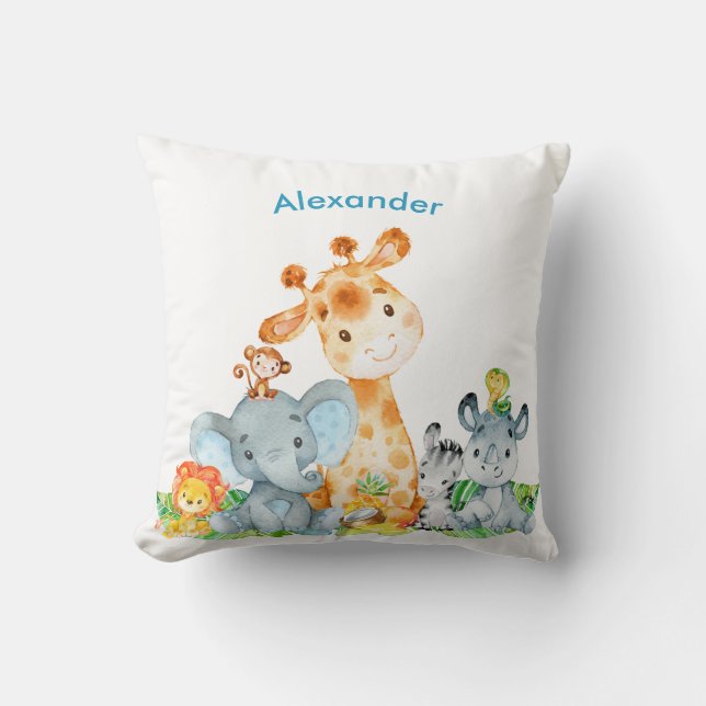 Blue Watercolor Cute Safari Jungle Animals Cushion (Front)