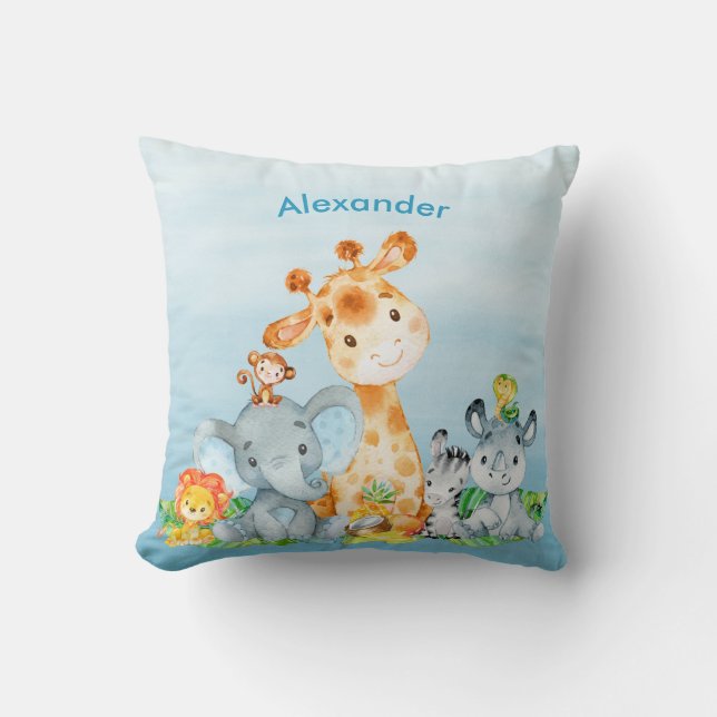 Blue Watercolor Cute Safari Jungle Animals Cushion (Front)