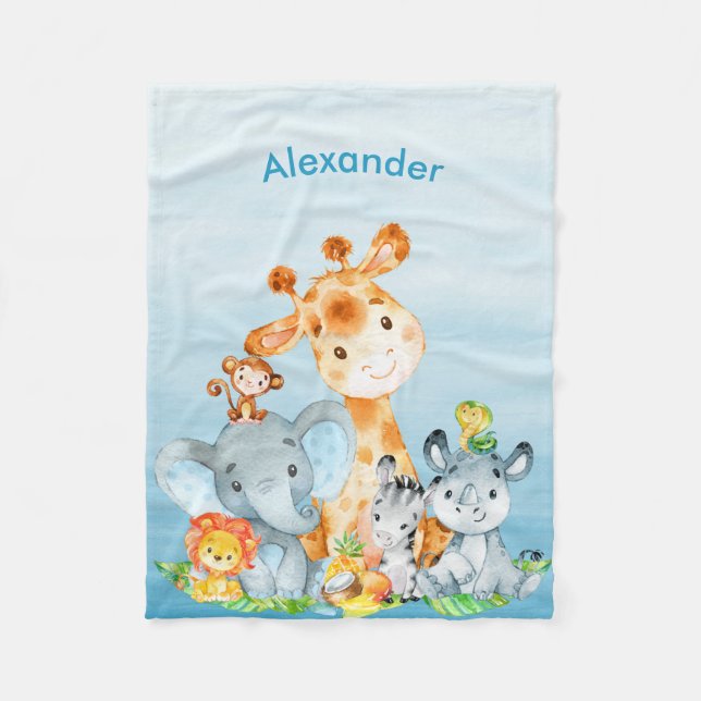 Blue Watercolor Cute Safari Jungle Animals Fleece Blanket (Front)