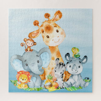 Blue Watercolor Cute Safari Jungle Animals Jigsaw Puzzle