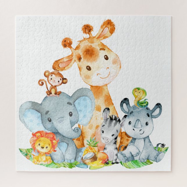 Blue Watercolor Cute Safari Jungle Animals Jigsaw Puzzle (Vertical)