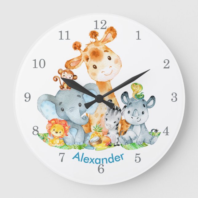 Blue Watercolor Cute Safari Jungle Animals Large Clock (Front)