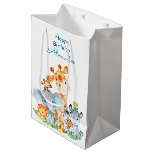 Blue Watercolor Cute Safari Jungle Animals Medium Gift Bag