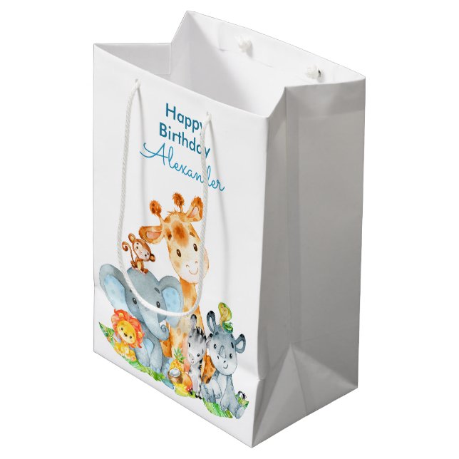 Blue Watercolor Cute Safari Jungle Animals Medium Gift Bag (Front Angled)