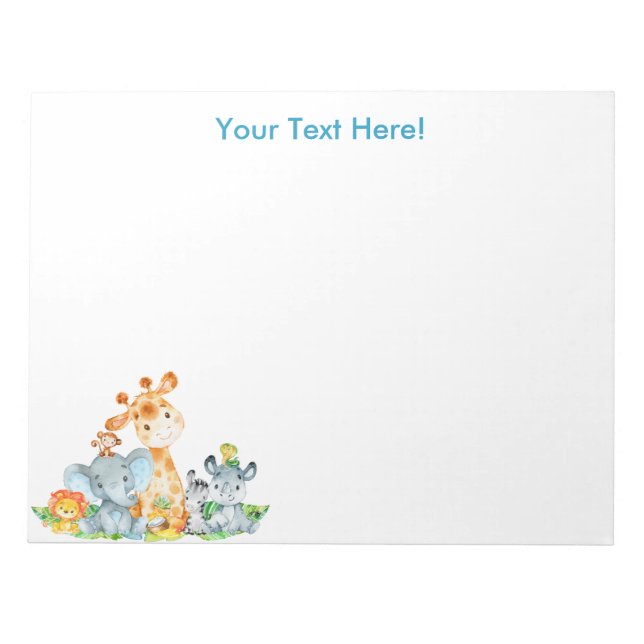 Blue Watercolor Cute Safari Jungle Animals Notepad (Front)