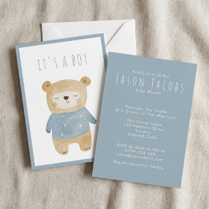 Blue Watercolor cute sleepy teddy bear Baby Shower Invitation
