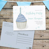 Blue Watercolor Cute Whimsical Cupcake Birthday