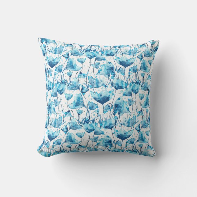 Blue Watercolor Daisies Cushion (Front)