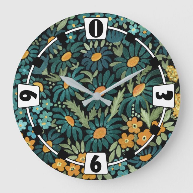 Blue watercolor daisies large clock (Front)