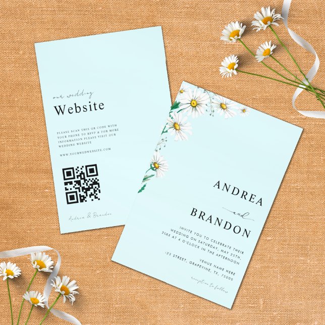Blue Watercolor Daisy Wildflower QR Code Wedding Invitation (Creator Uploaded)