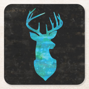Blue Watercolor Deer Silhouette Square Paper Coaster