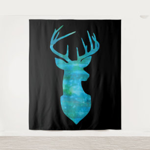 Blue Watercolor Deer Silhouette Tapestry