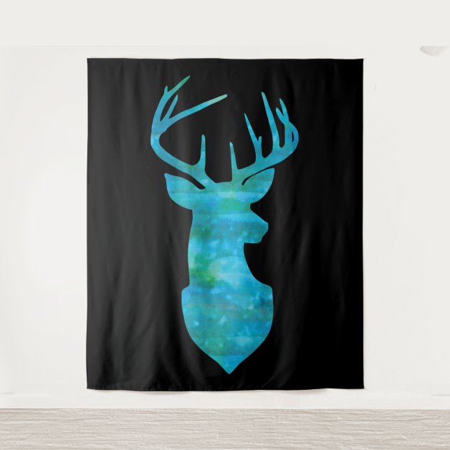 Blue Watercolor Deer Silhouette Tapestry (Front)