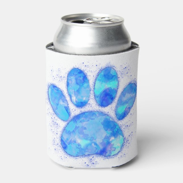 Blue Watercolor Dog Paw Print Can Cooler (Can Front)